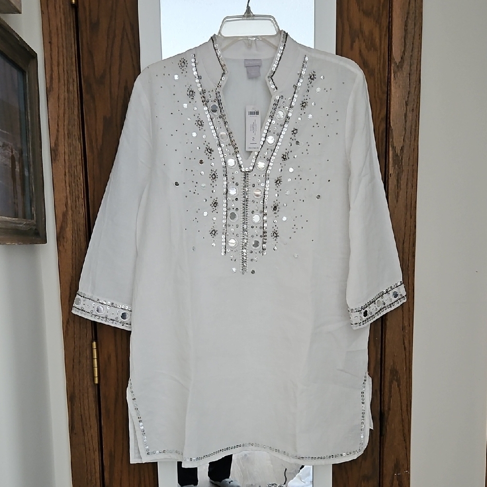 Chico's White Tunic with Silver Embellishments